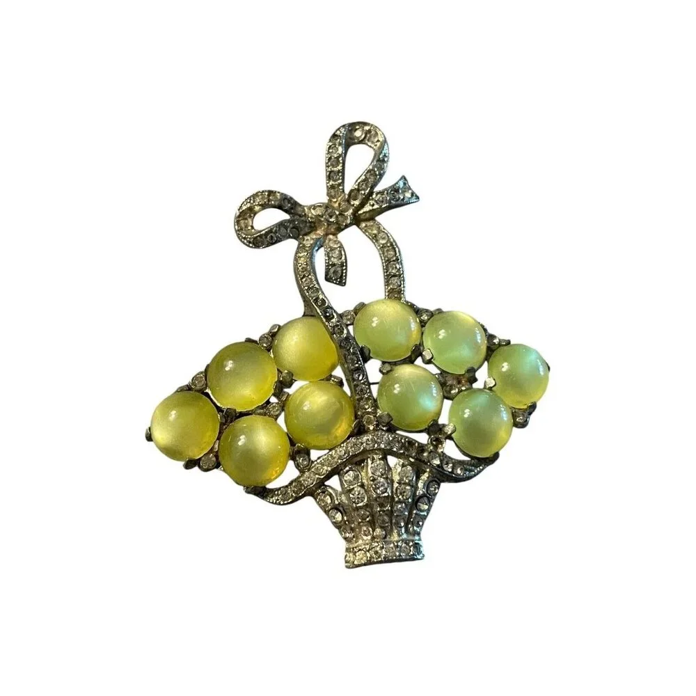 CORO Unsigned Yellow Moonstone Lucite Basket‎ Brooch Rhinestones Vintage READ